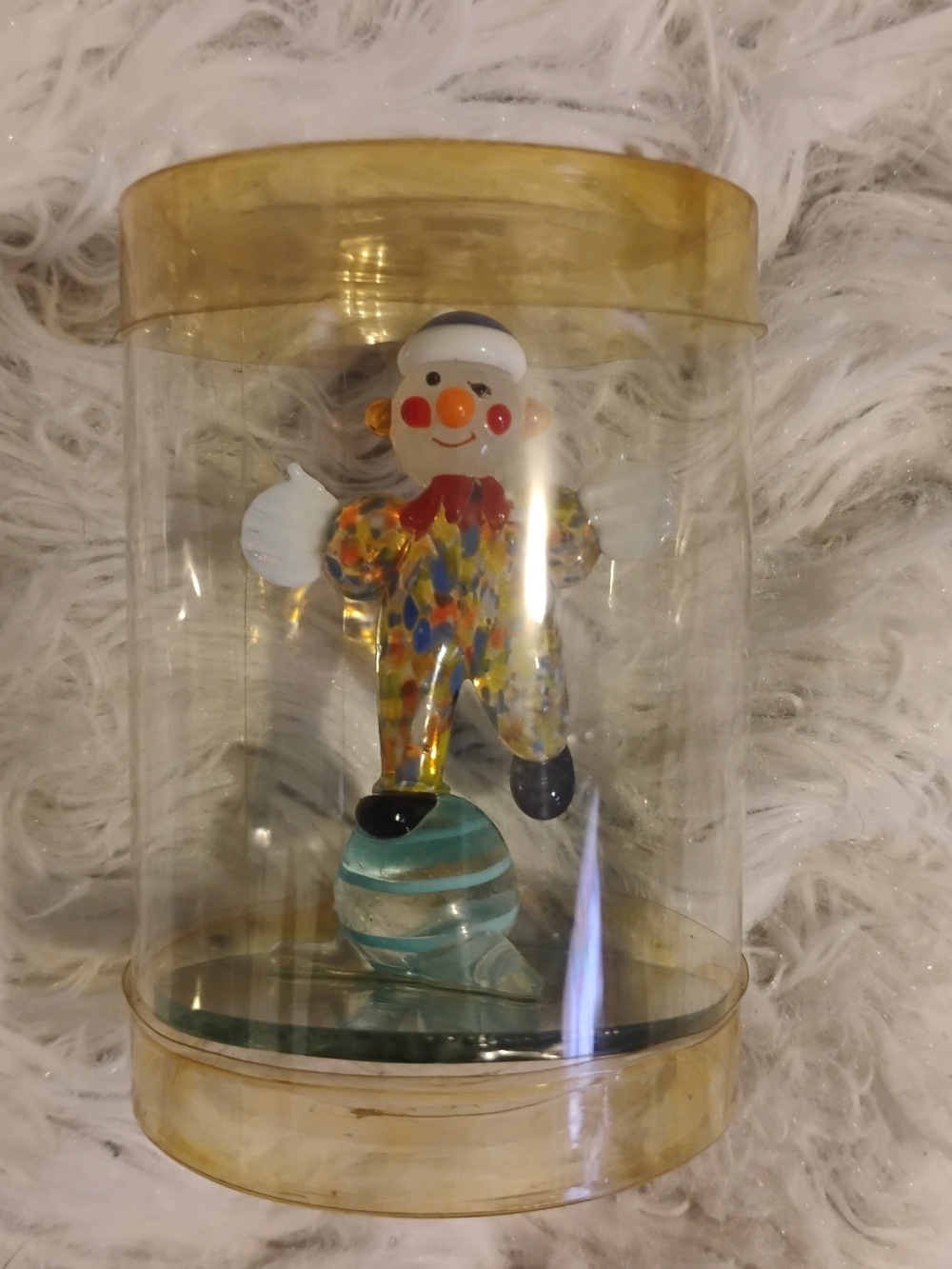 Murano Multicolor Glass Clown Figurine with Blue Base